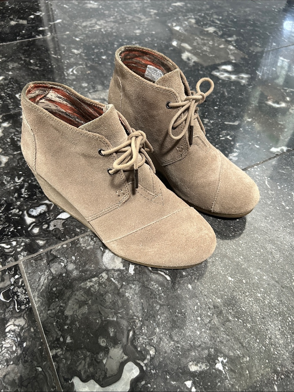 Toms Taupe Lace-Up Suede Wedge Booties